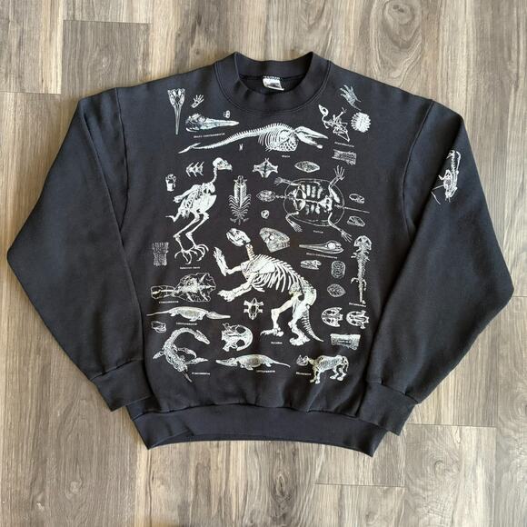 Vintage Dinosaur Crewneck Sweatshirt Fossils Men's Size M Black 1991 AOP Rare - Picture 1 of 7